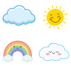 Fototapeta premium Adorable Cartoon Weather Icons Smiling Sun, Colorful Rainbow, and Happy Clouds Set for Children's Designs and Educational Graphics