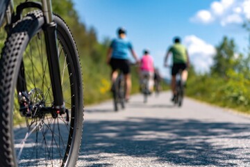 Fototapeta premium Bicycle wheel close up with cyclists riding ahead