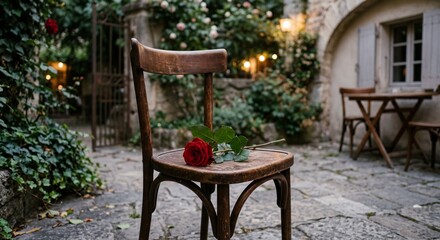 Obraz premium Single red rose on vintage wooden chair in rustic courtyard for romance, heartbreak, remembrance and emotional storytelling background