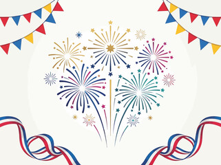 Obraz premium Festive Fireworks Illustration with Bunting and Patriotic Ribbons on White Background