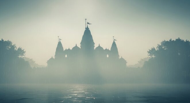 Atmospheric Kajari Teej Background with Temple Silhouette in Rainy Mist and Soft Ethereal Lighting for Traditional Hindu Monsoon Festival Celebration