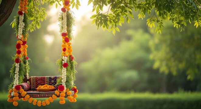 Traditional Kajari Teej Background with a Floral Decorated Swing Hanging from Green Tree Branches in a Lush Monsoon Garden Setting
