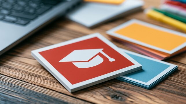 Crisp shadows cast over a minimalist online learning setup featuring a laptop and colorful flashcards focused on the graduation cap icon with blurred pens and notes perfect for