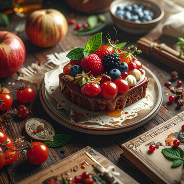 Deliciosa sobremesa com frutos silvestres sobre mesa de madeira.