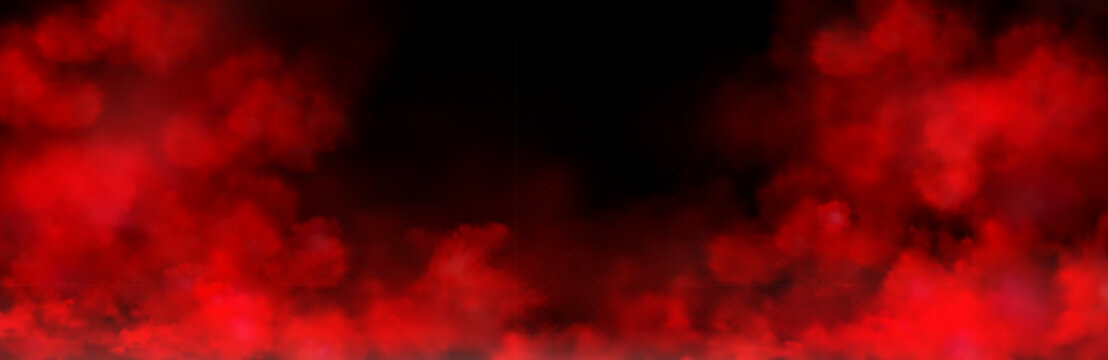 Red smoke clouds, realistic vector paint powder frame on transparent background with dramatic dark effect. Mysterious fog with dust or mist texture, abstract cloudy border design