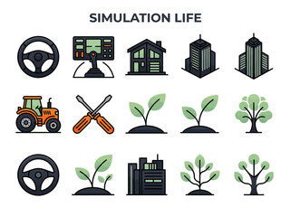 Simulation Life Game Vector Icon Set: Urban, Agriculture, and Technical Symbols © Graphicnoell