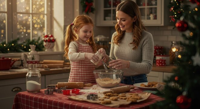 M&atilde;e e filha preparando biscoitos festivos em uma cozinha bem iluminada.