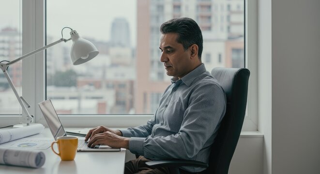 Profissional trabalha em seu laptop perto da janela em um escrit&oacute;rio moderno.