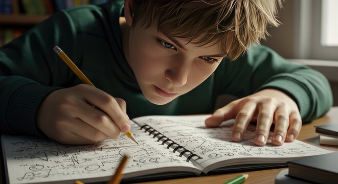Jovem estudante concentra-se em escrever anota&ccedil;&otilde;es em um caderno, sentado &agrave; mesa em ambiente interno.