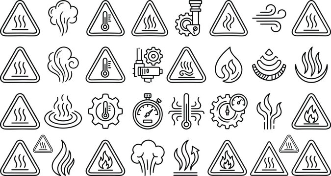 Industrial hot surface and high temperature hazard warning line art vector icon set featuring fire steam and thermometers