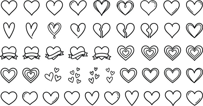 Romantic love heart doodles line art vector icon set featuring broken hearts wedding ribbons and concentric valentine shapes