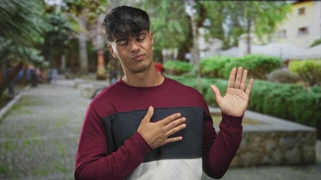 Man with hand on chest and palm raised on street in maroon sweater, expression of remorse and a slight shrug as an apologetic gesture; regret sincerity.