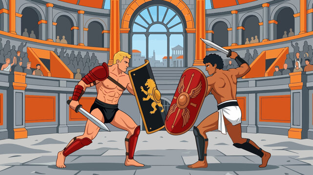 Illustration of two gladiators fighting in a roman colosseum with swords and shields