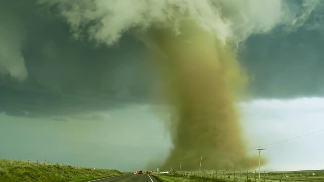 A massive and highly active tornado moving across the countryside.