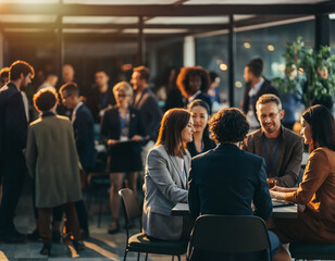 Obraz premium Corporate evening networking blur with silhouettes and warm lights. Elegant business event atmosphere ideal for communication and professional lifestyle concepts.