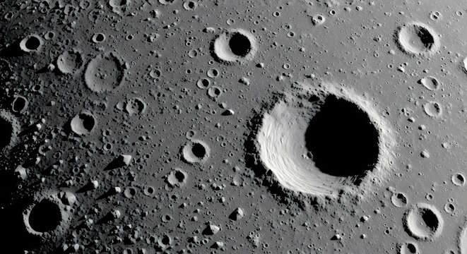 Detailed view of the heavily cratered surface of a celestial body, resembling the moon's rugged and ancient landscape