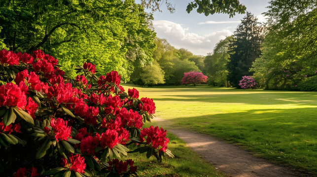 Beautiful blooming red rhododendron bushes in a sunny green spring park