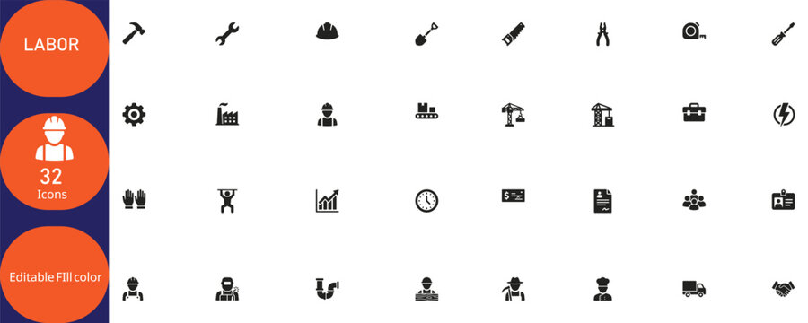 Labor and construction icons set 32 glyph designs for professional use