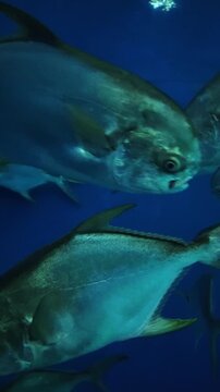 large school silver snubnose pompano fish peacefully swimming together in deep blue water an oceanarium, showcasing marine life and aquatic wildlife in their natural habitat. vertical.