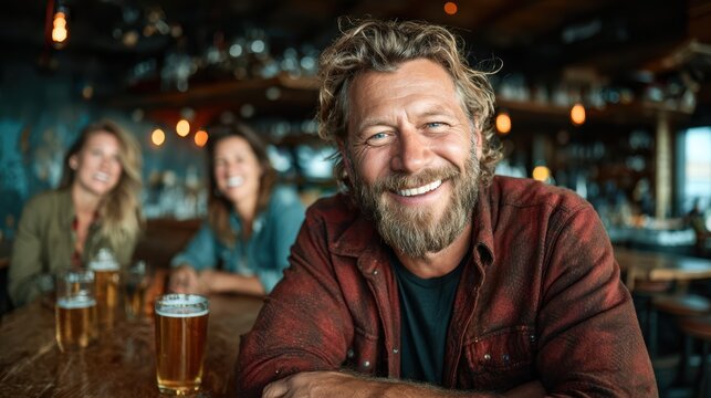 A cheerful man with a beard poses in front of friends at a bar, showcasing a joyful atmosphere with glasses of beer, embodying friendship and camaraderie in a relaxed environment.