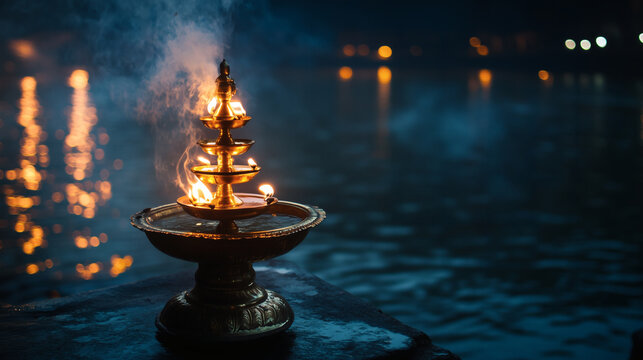 Traditional Indian Ganga Aarti multi tiered brass oil lamp burning at night with bokeh lights