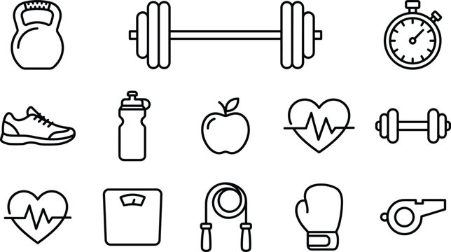 Fitness gym workout and healthy lifestyle line art vector icon set featuring barbell dumbbell kettlebell and running shoe