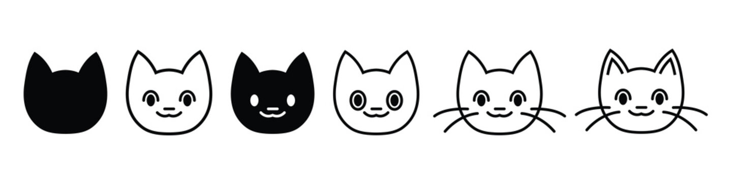 Cute Cat Face Icon Set &ndash; Minimal Kawaii Kitty Silhouette and Outline Vector Collection. Black and white simple outline cats head emoticon pictures.