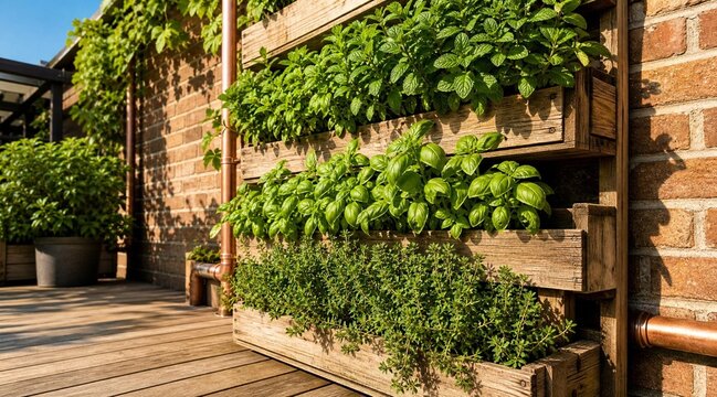Lush Vertical Herb Garden with Basil and Mint on Brick Wall Terrace