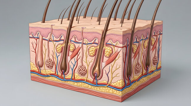 Cross-section of human scalp skin showing hair follicles in detail
