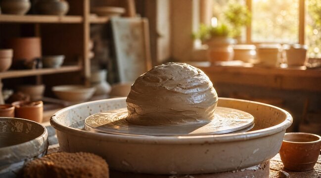 Wet Clay on Pottery Wheel in Sunlit Traditional Ceramic Studio
