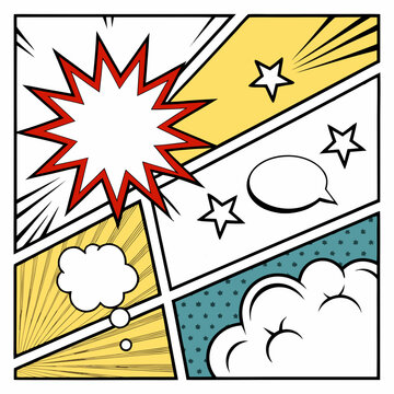 Comic book page layout with explosion speech bubbles stars and halftone effects creating dynamic pop art style background