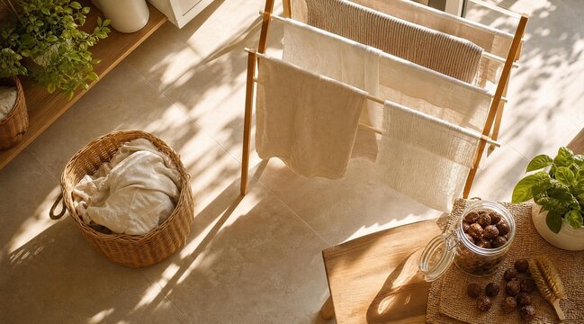 Natural Laundry Room Interior with Wooden Rack and Wicker Basket