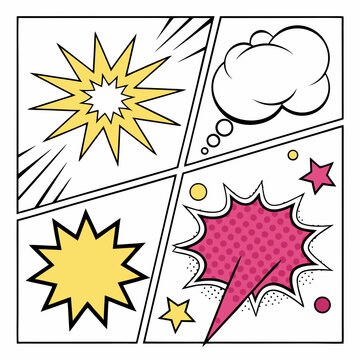 Comic book panel layout with starbursts and speech bubble, abstract cartoon style graphic elements for design project