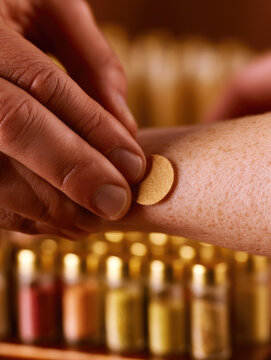 Allergy skin test bandage on forearm in warm clinic light