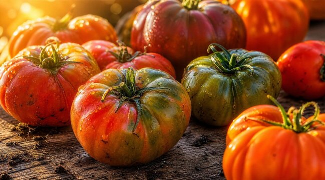 Fresh Heirloom Tomatoes with Water Drops on a Rustic Wooden Surface