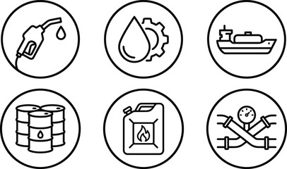 Oil and gas petroleum industry line art vector icon set featuring fuel nozzle tanker ship barrels and pipelines © tofajjol studio