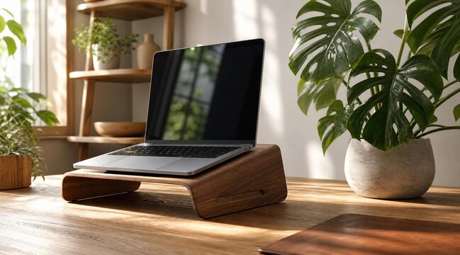 Modern laptop on wooden stand in bright minimalist home office room