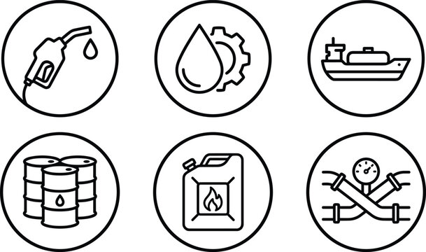 Oil and gas petroleum industry line art vector icon set featuring fuel nozzle tanker ship barrels and pipelines