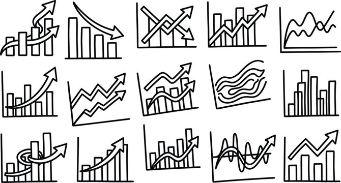 Financial graph and business growth chart line art vector icon set featuring upward arrows and data statistics