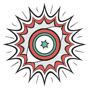 Explosive comic book style burst with geometric center in red, teal, and black, abstract and dynamic