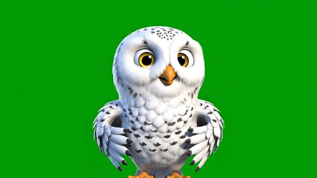 Cartoon Snowy Owl on Green Background Animated Cute Creature.4k