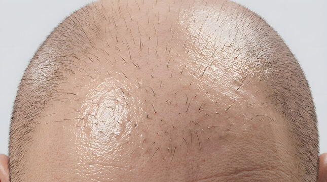 Close-up of balding scalp with thinning hair