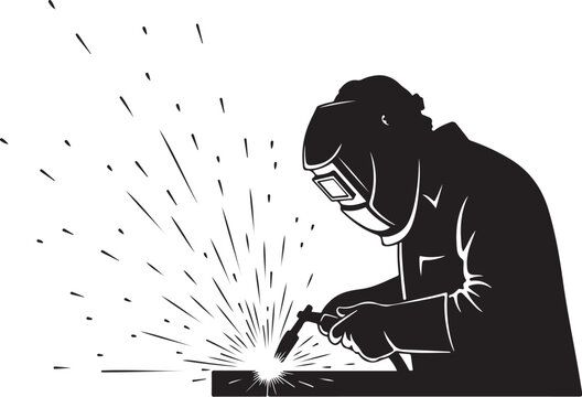 Black silhouette of a welder working with sparks welding