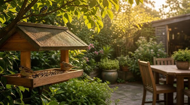 Wooden bird feeder with small birds in a sunlit lush summer garden