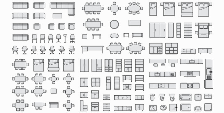 Collection of Flat Vector CAD Style Furniture and Kitchen Set Illustrations &mdash; Interior Design Top View Floor Plan Elements