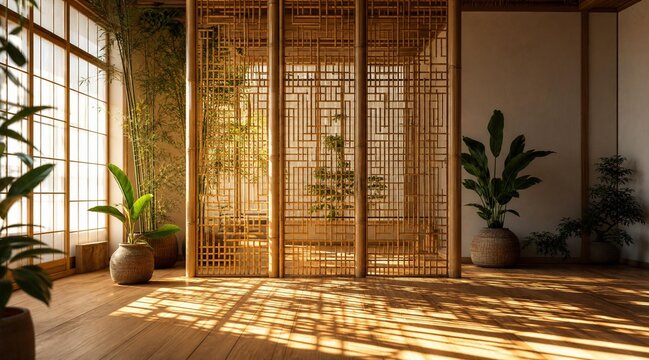 Serene Interior with Bamboo Screen and Warm Sunlight on Wooden Floor