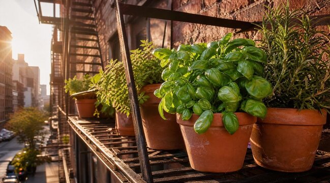 Fresh Green Basil and Herbs in Clay Pots on Urban Fire Escape