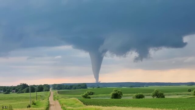 A panoramic view of a tornado that has touched down, crossing fields in the middle of nature.