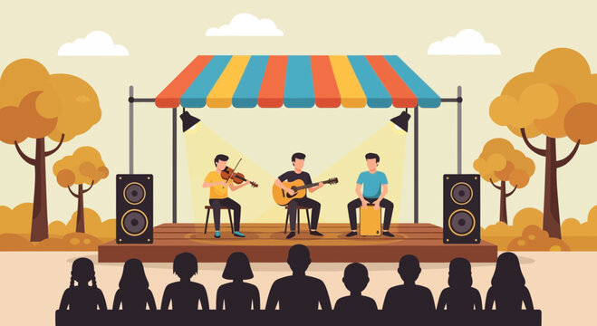 Musicians Performing on Outdoor Stage in Autumn Park