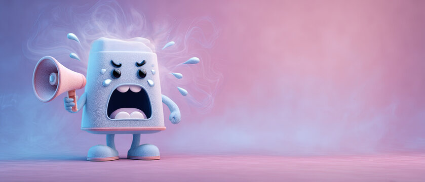 3D cartoon ice cube character shouting into megaphone, expressing frustration, with a colorful pink and blue gradient background.